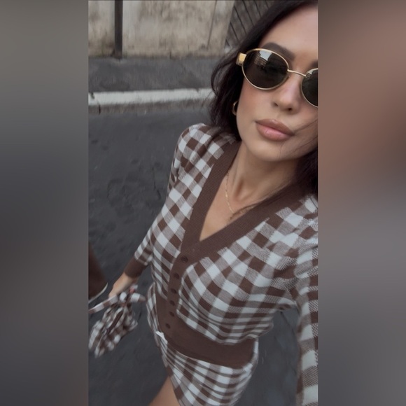 For Love And Lemons Gingham Knit Cardigan in Brown - Picture 5 of 5